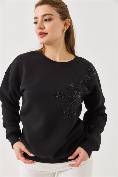 Kadın Boncuk İşlemeli Üç İplik Sweat Siyah
