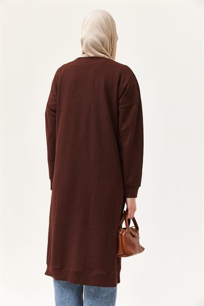 Düğmeli Triko Uzun Hırka Kahverengi