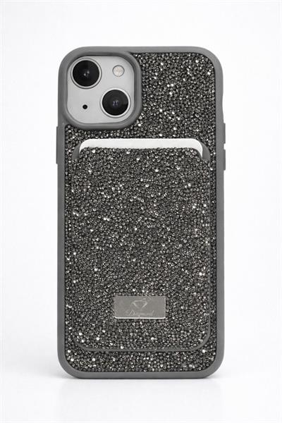 İphone 14 Uyumlu Parlak ve Taşlı Kart Bölümlü Kılıf Antrasit