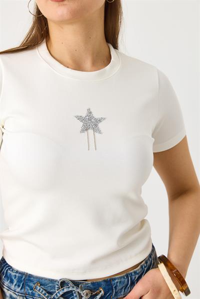 Kadın Kısa Kollu Yıldız Taşlı Crop Bluz Beyaz