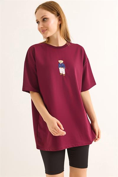 Rahat Kalıp Baskılı Kadın Tshirt Bordo