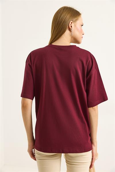Püsküllü Nakışlı Bisiklet Yaka Basic Tshirt Bordo