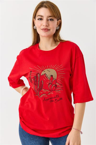 Kadın Çöl Tema Baskılı Bisiklet Yaka Tshirt Kırmızı