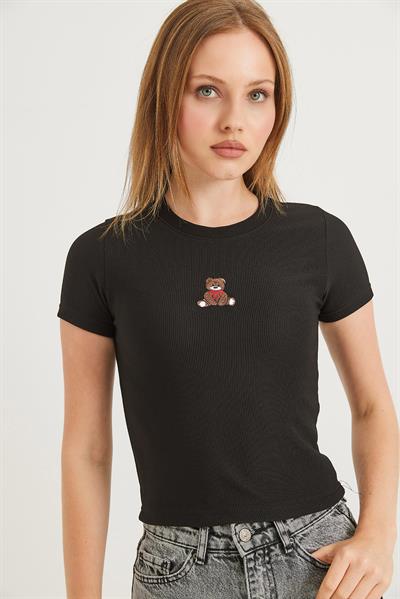 Ayıcık Nakışlı Esnek Crop Bluz Siyah