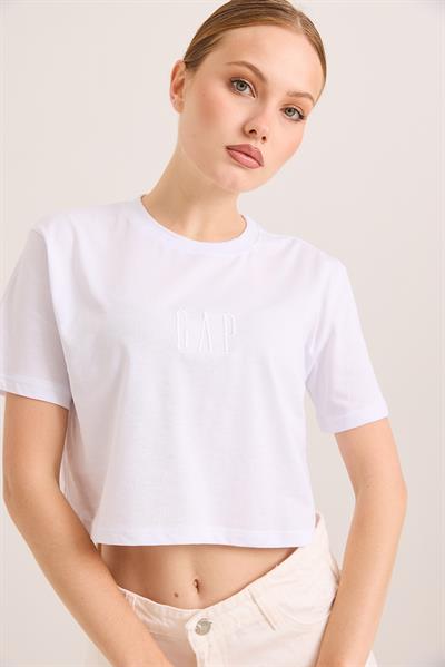 Nakışlı Örme Pamuk Crop Tshirt Beyaz