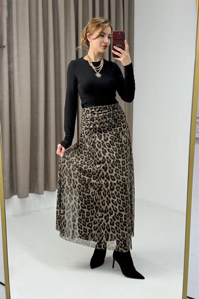 Kadın Astarlı Etnik Desen Uzun Volanlı Şifon Etek Leopar
