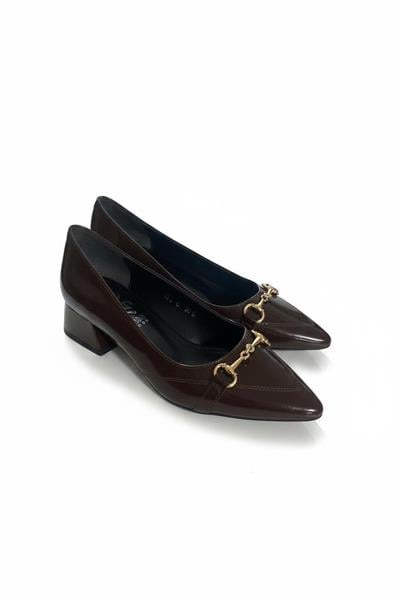 Kadın Sivri Burun Kalın Topuk Kahverengi Babet