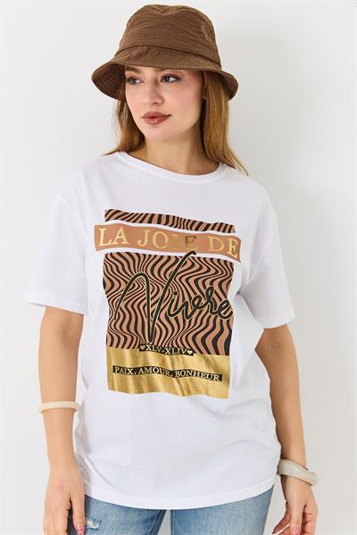Kadın Parlak Yazılı Baskılı Tshirt Beyaz