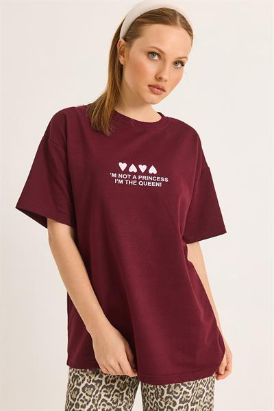 Bisiklet Yaka Baskılı Oversize Tshirt Bordo