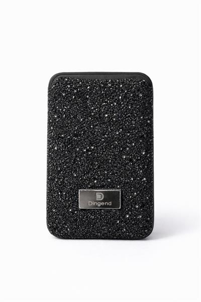 İphone 14 Pro Uyumlu Parlak ve Taşlı Kart Bölümlü Kılıf Siyah