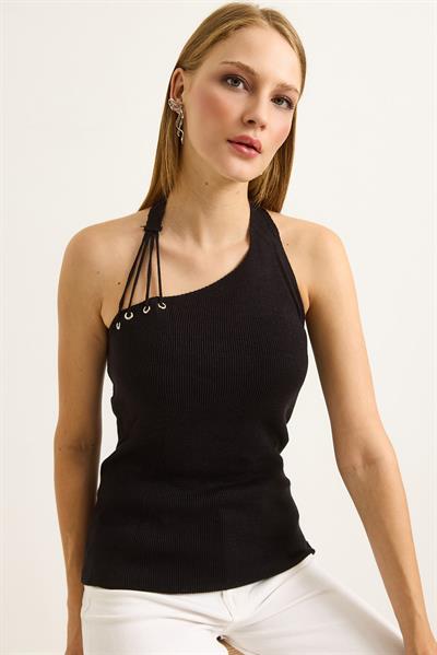 Tek Omuz Boyun Detaylı Triko Bluz Siyah