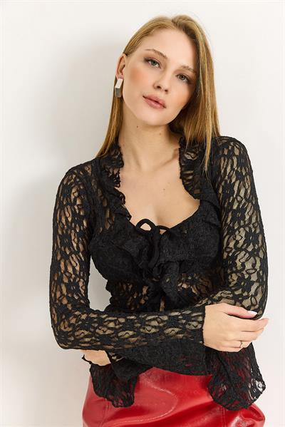 Kadın Uzun Kollu Ön Bağlamalı Dantel Siyah Bluz