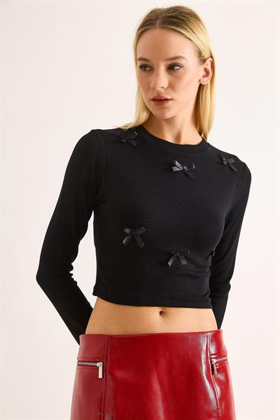 Kadın Kurdeleli Uzun Kollu Crop Bluz Siyah