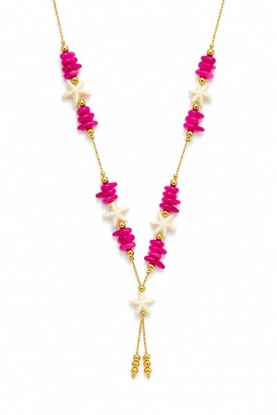 Figürlü Gold Boncuklu Kolye Pembe