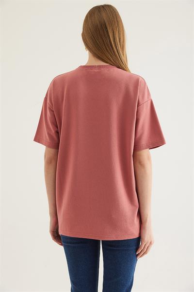 Bisiklet Yaka  Kısa Kol Basic Tshirt Pudra