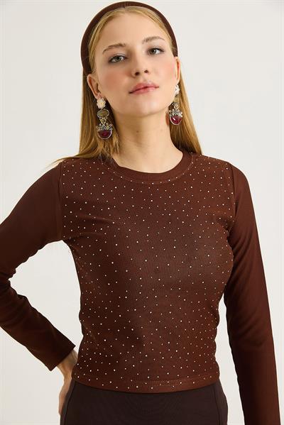 	Kadın Ottoman Bisiklet Yaka Taşlı Bluz Kahve