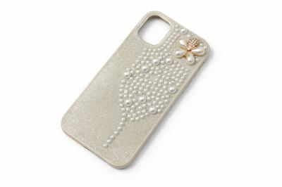 İphone 11 Uyumlu İnci ve Glitter Detaylı Kılıf Ekru