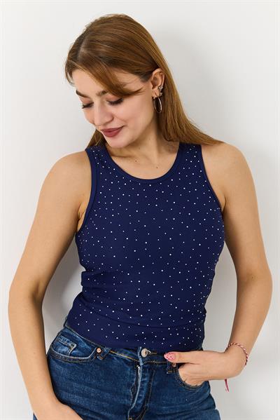 Kadın Taş Detaylı Kaşkorse Kalın Askılı Bluz Lacivert