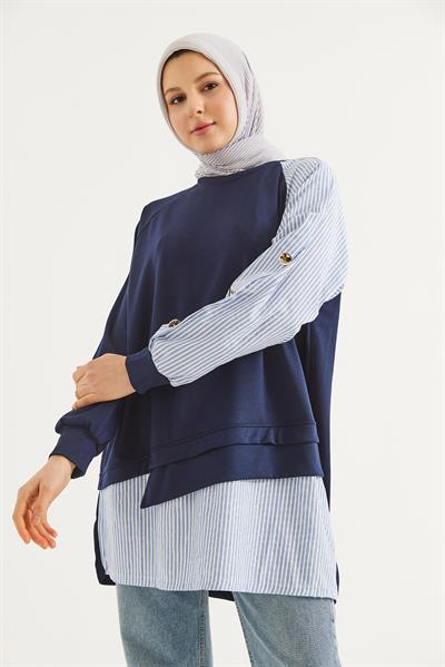 Kolu Ve Eteği Gömlek Garnili Tunik  Lacivert