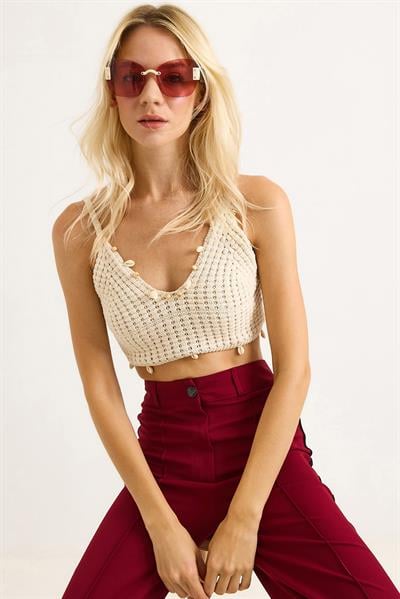 Boncuk Detaylı Örgü  Şık Crop Top Ekru