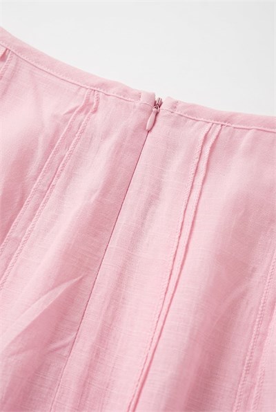 Kadın Beli Fermuarlı Çizgili Detaylı Etek Pembe