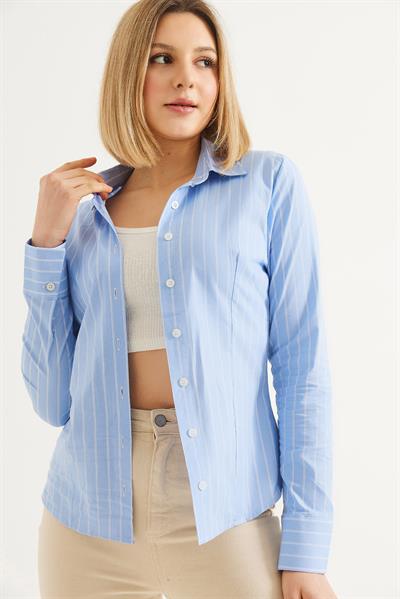 Uzun Kollu  Çizgili Vücuda Oturan Gömlek Mavi