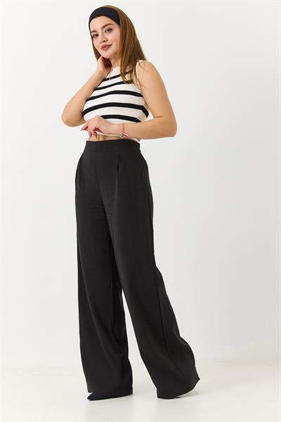 Kadın Beli Lastikli Yandan Fermuarlı Salaş Kesim Mevsimlik Pantolon Siyah