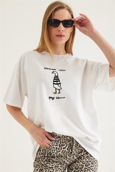 Bisiklet Yaka Oversize Baskılı Tshirt Beyaz
