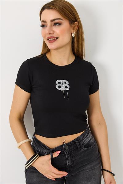 Kadın  Kısa Kollu Taşlı Crop Bluz Siyah