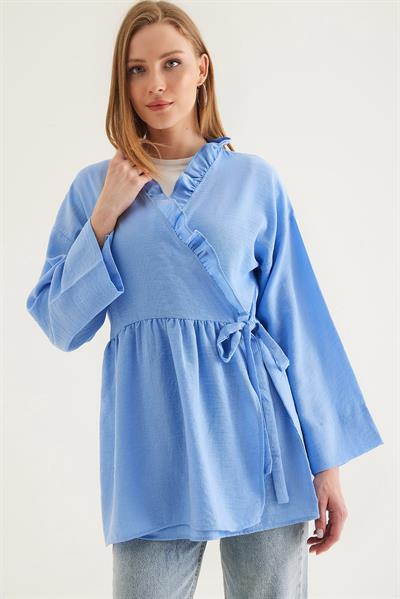 Yandan Bağlamalı Yakası Fırfırlı Kimono Mavi