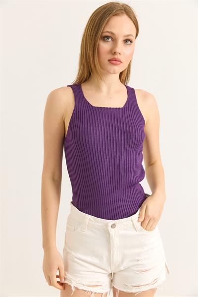 Kare Yaka Kalın Askılı Triko Atlet Bluz Mor