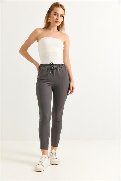 Beli Lastikli Kısa Paça Double Krep Pantolon Füme