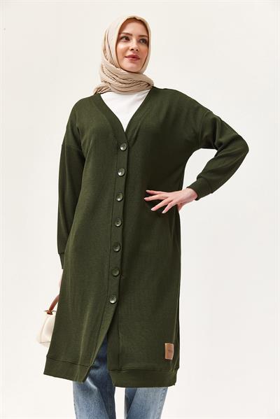 Düğmeli Triko Uzun Hırka Yeşil