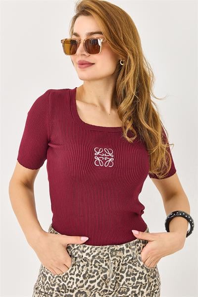 Kadın Nakışlı Kalın Askılı Bluz Bordo