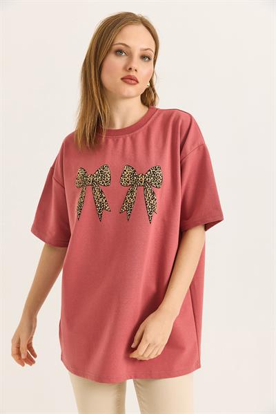 Kurdele Baskı Detaylı Basic TShirt Gül Kurusu