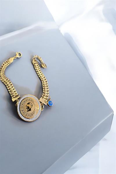 Mavi boncuklu tuğralı taşlı çelik bileklik Gold