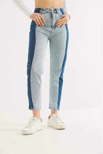 Çift Renk Yüksel Bel Mom Jean Mavi