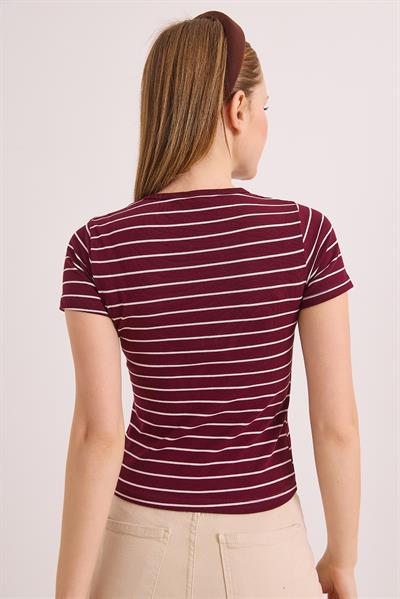 Kısa Kol Likralı Kompak Çizgili Tshirt Bordo