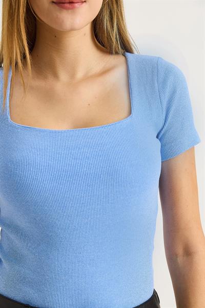 Fitilli Kare Yaka Kısa Kollu Beyaz Mavi