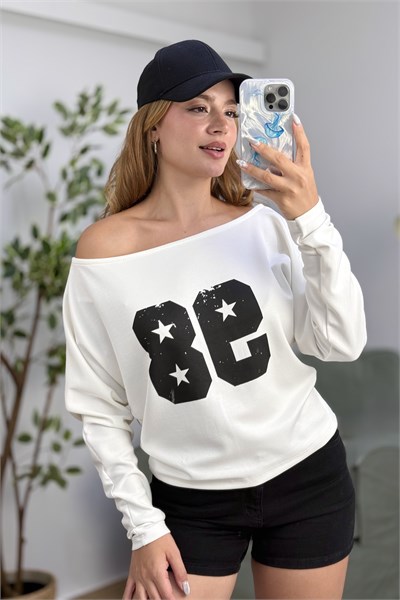 Kayık Yaka Viskon 98 Baskılı  Uzun Kollu Tshirt Beyaz