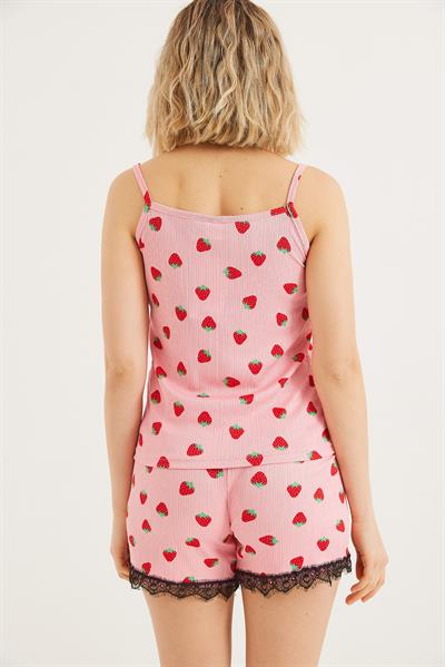 Dantel Detaylı Şortlu Pijama Takımı Pembe
