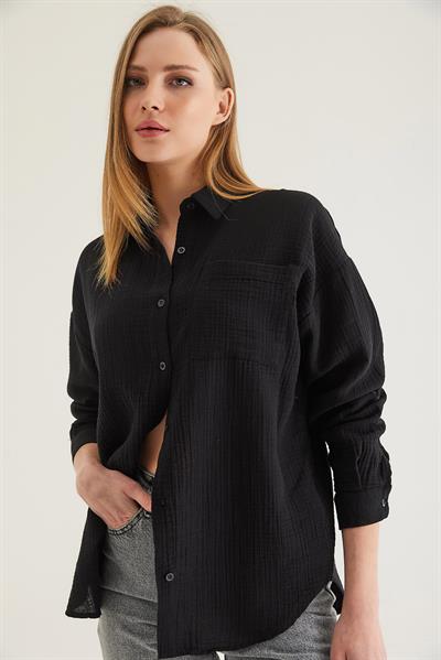 Uzun Kollu Oversize Gömlek Siyah