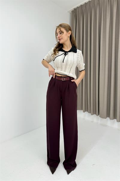 Likralı Krep Örme Kumaş Kemerli Salaş Pantolon Mürdüm