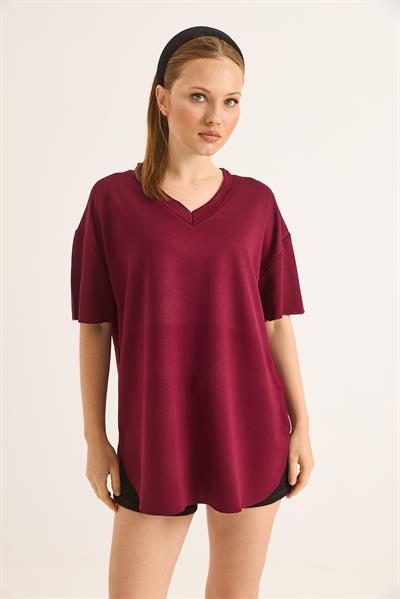 V Yaka Arkası Uzun Basic Tshirt Bordo