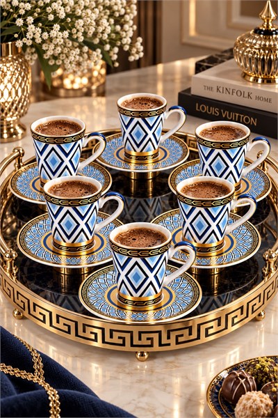 6lı Geometrik Desenli Tabağı İçe Geçmeli Fincan Takımı Mavi