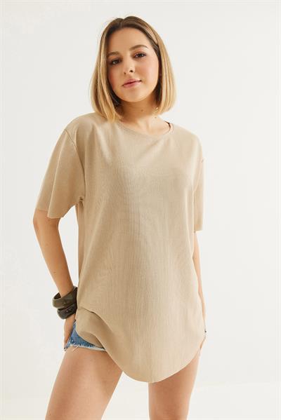 Bisiklet Yaka  Kısa Kol Basic Tshirt Krem