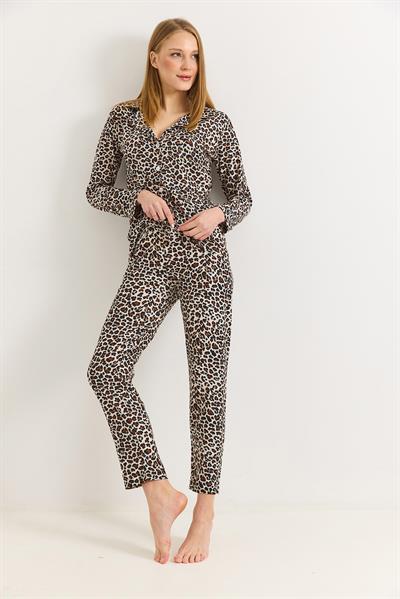 Kadın Polo Yaka Leopar Desen Düğmeli Pijama Takımı