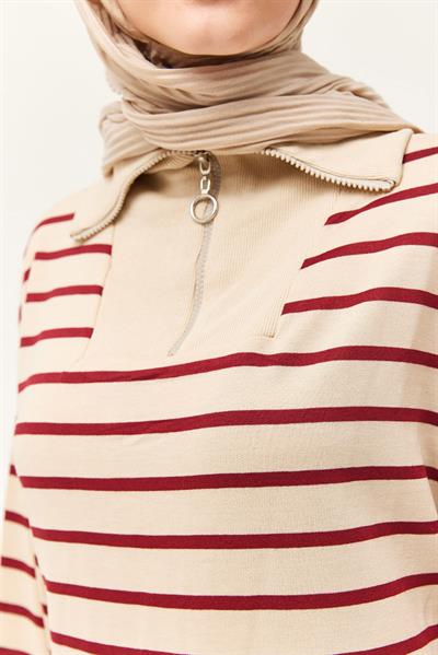 Yarım Fermuar Çizgili Uzun Elbise Bordo