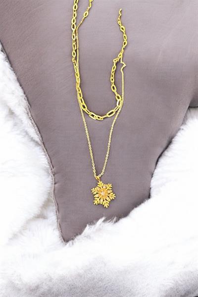 Kar Tanesi Altın Kaplama İki Zincirli Kolye Gold