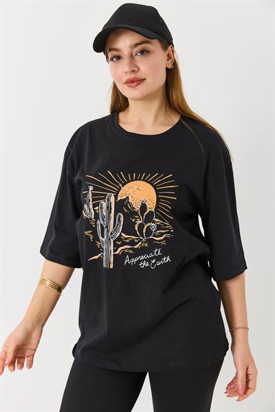 Kadın Çöl Tema Baskılı Bisiklet Yaka Tshirt Siyah